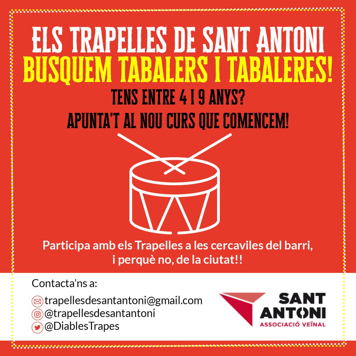 📣📣📣ATENCIÓ📣📣📣

Ja ens estem preparant x al curs vinent!

Veniu a provar el taller de tabals de <a href="/lagaletapercu/">La Galeta percussió</a> i Trapelles  durant el mes de juny!

🥁🥁Volem que feu gaudir a tot el barri!🥁🥁

RT <a href="/DiablesCiutatB/">DiablesCiutatBCN</a> <a href="/DiablesStAntoni/">Diables Sant Antoni</a> <a href="/AVVSantAntoni/">AvvSantAntoni</a> <a href="/Cultupopularbcn/">Cultura Popular Barcelona</a> <a href="/Bcn_Eixample/">BcnEixample</a>