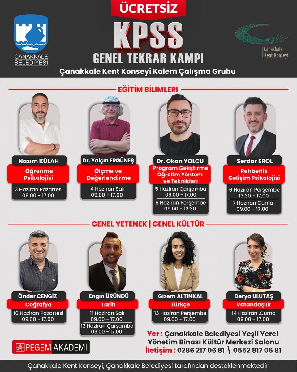 ÇANAKKALE KENT KONSEYİ, ÇANAKKALE BELEDİYESİ İŞ BİRLİĞİYLE KPSS’YE GİRECEK ÖĞRENCİLERE TAM DESTEK “ÜCRETSİZ KPSS GENEL TEKRAR KAMPI”

canakkalekentkonseyi.org/pegem-akademi-… başvuru linki üzerinden kaydınızı yaptırabilirsiniz.