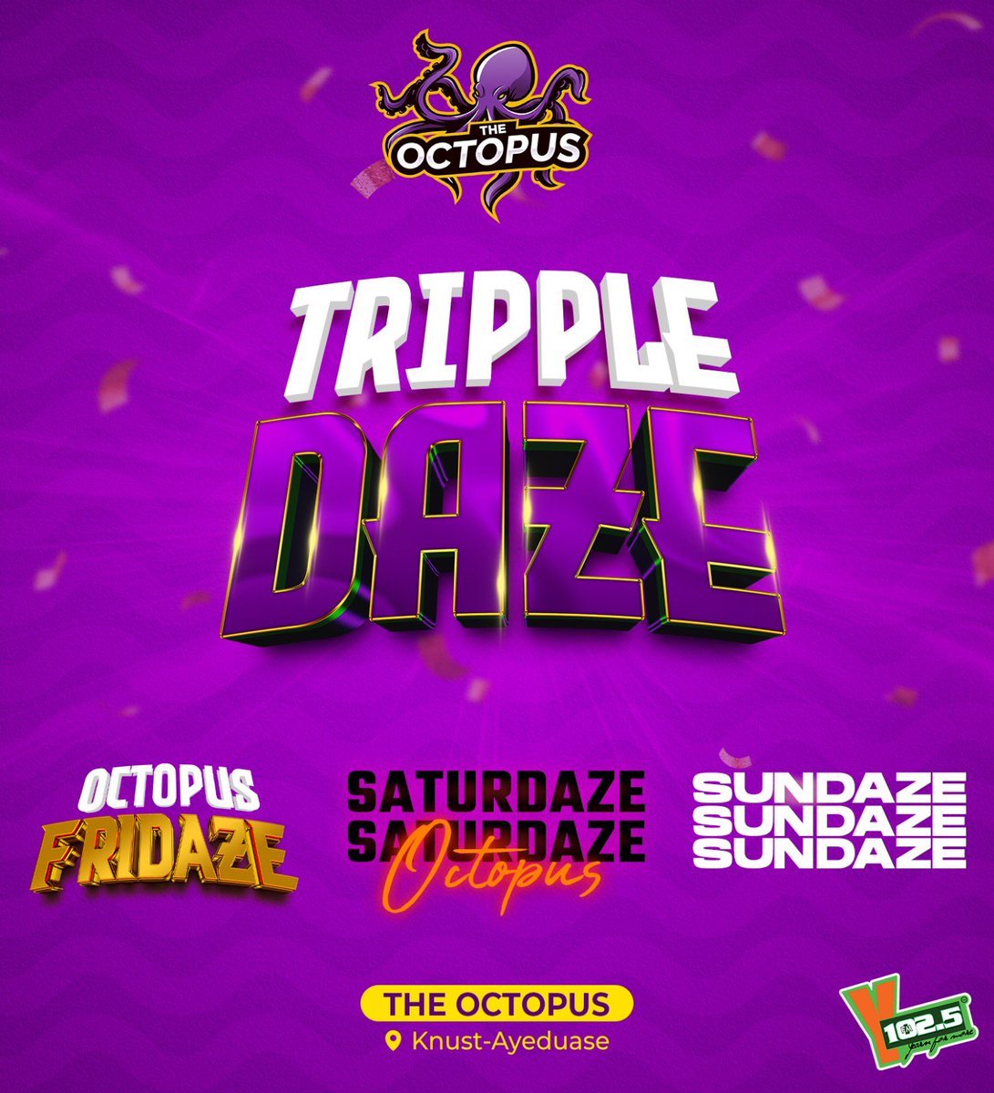 theOctopusGh's tweet photo. #trippledaze i wish some nights lasted forever.
Don’t be left out.
#fridaze #saturdaze #sundaze
Locate us at: 📍KNUST - Ayeduase
#theoctopusgh #foryou #trendingreels #ghanabloggers #foodbloggers #purpleparty #ghanarestaurants #octopusfridaze #lounge #planningandplotting https://t.co/fxM8r8E84X