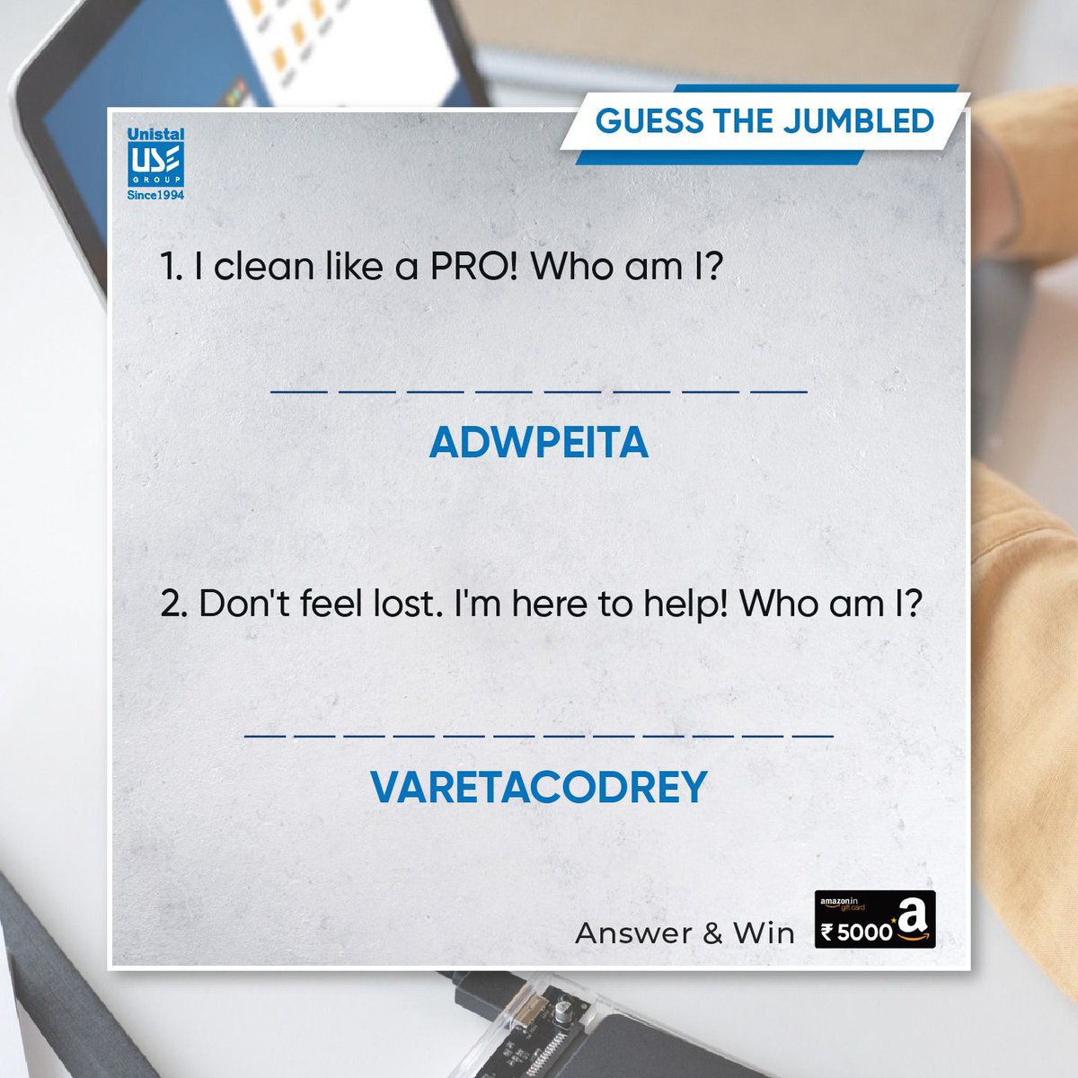 Word Jumble!
Solve &amp; Win with Unistal.
Unscramble the words and answer in the comment box to earn a Rs.5000 Amazon Voucher. Don't miss the chance to get lucky.
To win, get started now.
#Contest #WordJumble #Unistalglobal #AmazonVoucher #WinBig #SolveAndWin #LuckyDraw #Giveaway