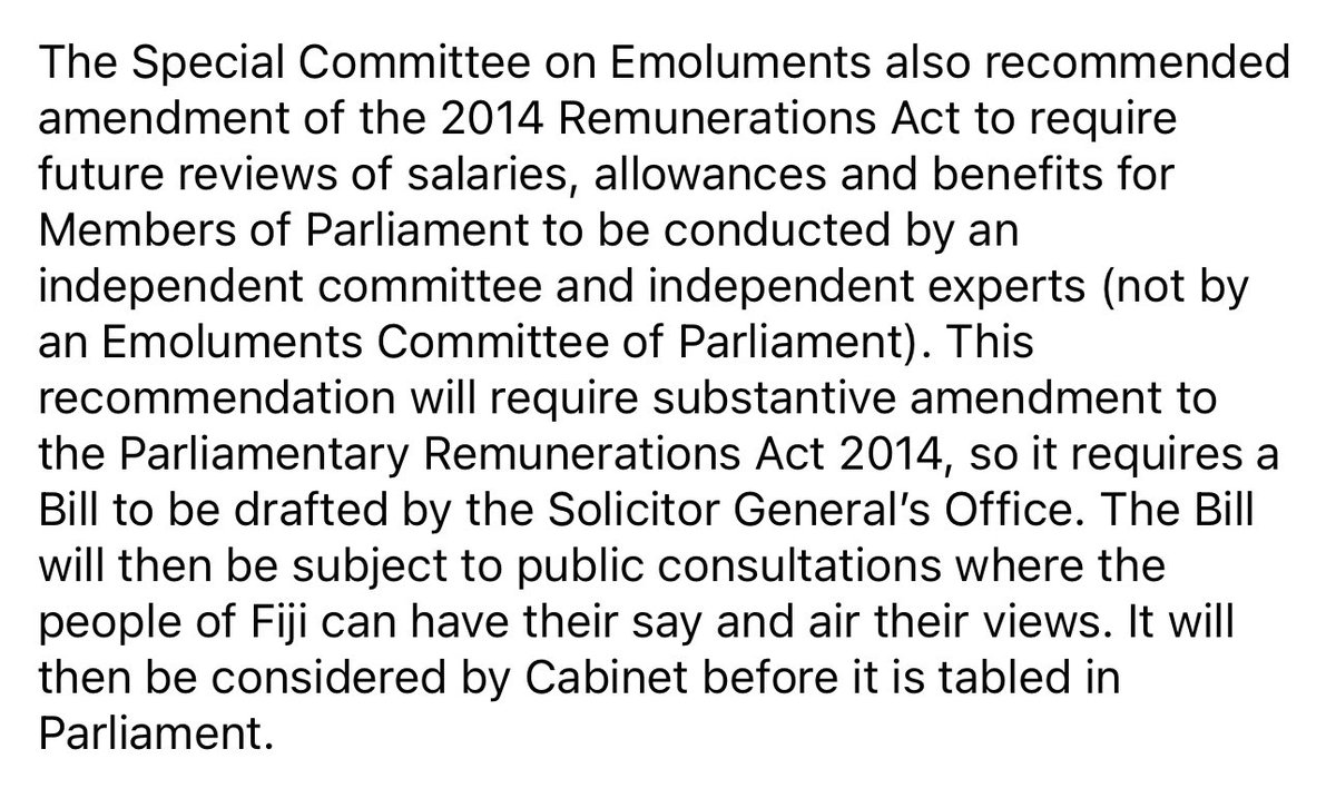 Consultant suggested salaries should be reviewed by an independent body (pic 1) but the Emoluments Committee didn’t accept that recommendation (pic 2). Parli has only approved recommendations of the Committee, not the consultant. So Rabuka’s statement is partly incorrect (pic 3)