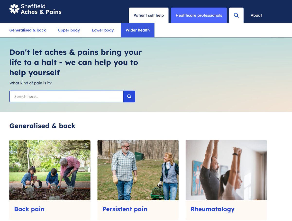 Andrew Douglas (@andydouglasgp) on Twitter photo Check out the newly revamped Sheffield Aches and Pains website!
Its been the mainstay for self-management of MSK conditions for years now, but the re-design and new updates look great
sheffieldachesandpains.com
<a href="/primarycareshef/">Primary Care Sheffield 💙</a> <a href="/STH_AHPs/">AHPs Sheffield Teaching Hospitals NHS FT</a> <a href="/SheffieldHosp/">Sheffield Hospitals</a> <a href="/movemoresheff/">Move More Sheffield</a> Check out the newly revamped Sheffield Aches and Pains website!
Its been the mainstay for self-management of MSK conditions for years now, but the re-design and new updates look great
sheffieldachesandpains.com
<a href="/primarycareshef/">Primary Care Sheffield 💙</a> <a href="/STH_AHPs/">AHPs Sheffield Teaching Hospitals NHS FT</a> <a href="/SheffieldHosp/">Sheffield Hospitals</a> <a href="/movemoresheff/">Move More Sheffield</a>