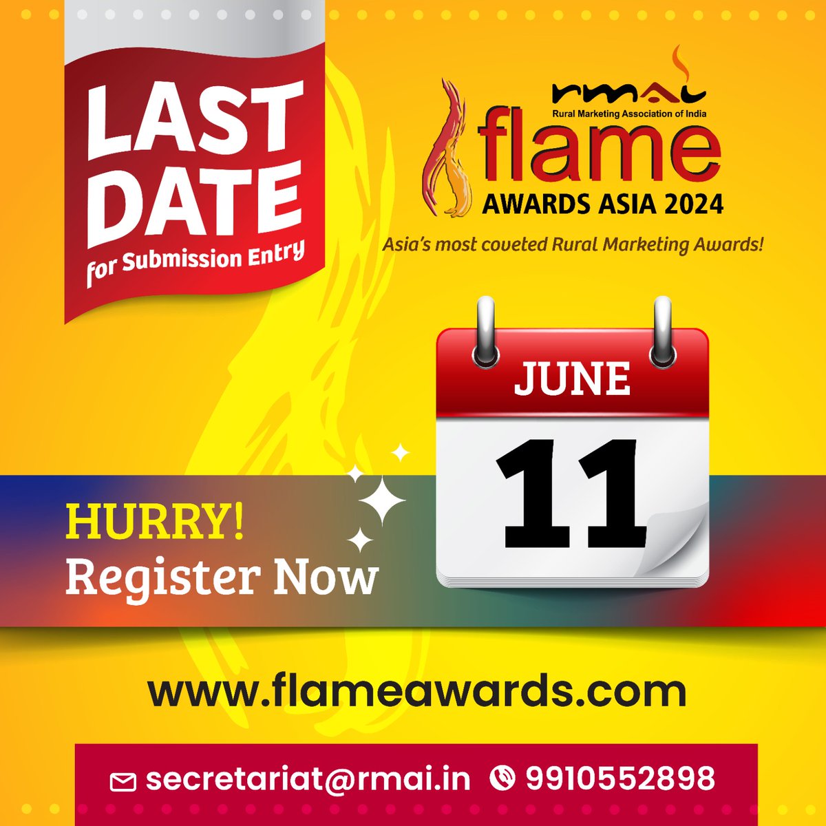 rmai_tweet's tweet image. H U R R Y   U P!! Time is running out...
#flameawardsasia2024 #lastdatetoapply #ruralentriesinvited #ruralmarketingcategories #ruralmarketingawards