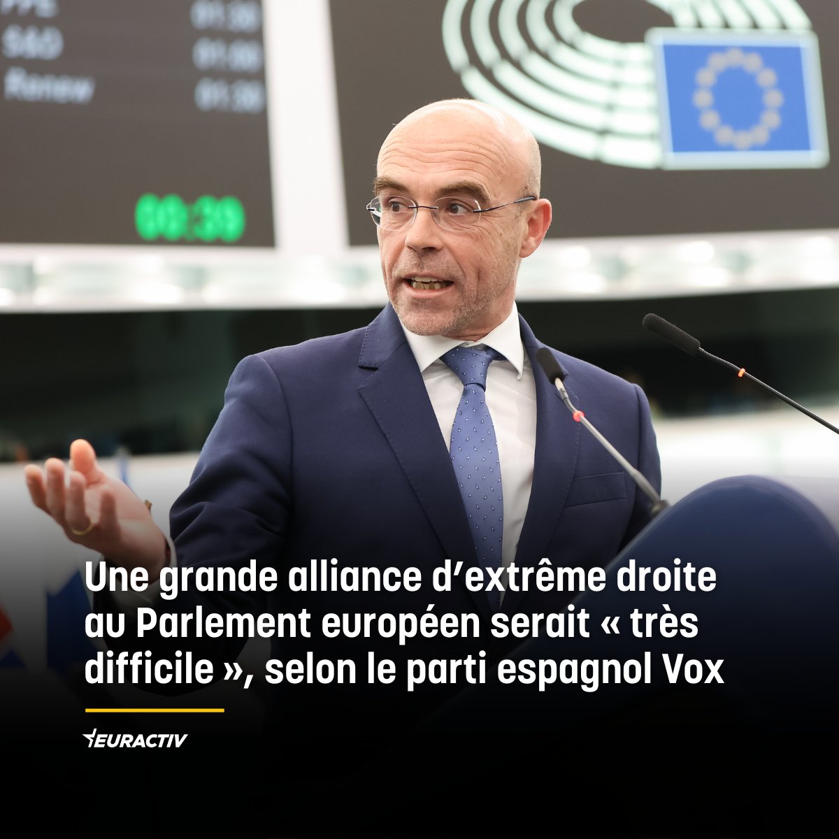 Une alliance au Parlement européen entre le groupe CRE et le groupe d’extrême droite ID de Marine Le Pen ou l’AfD est « très difficile », a déclaré mercredi (29 mai) Jorge Buxadé, tête de liste de Vox aux Européennes, parti espagnol d’extrême droite. 🔗eurac.tv/9X1n