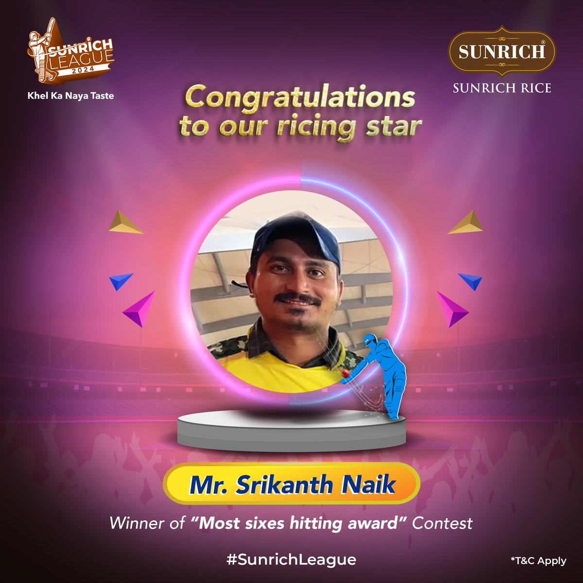 SunrichRice's tweet photo. 𝐂𝐨𝐧𝐠𝐫𝐚𝐭𝐮𝐥𝐚𝐭𝐢𝐨𝐧𝐬 𝐭𝐨 𝐨𝐮𝐫 𝐫𝐢𝐜𝐢𝐧𝐠 𝐬𝐭𝐚𝐫!

Srikanth Naik is the winner of the Maximum Sixes Hitting contest.

Think you can be the next winner? Join the #SunrichLeague and show us what you've got.

#SunrichRice #RohitSharma #PredictAndWin #Contest #Winner https://t.co/qAjHBJf7No