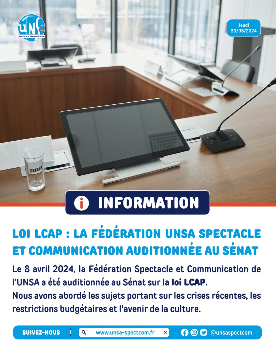 unsaspectcom's tweet photo. La Fédération Spectacle et Communication (@unsaspectcom) de @unsa_officiel a été auditionnée au Sénat sur la loi #LCAP.
Nous abordons les crises récentes, les restrictions budgétaires et l'avenir de la culture.
+ de détails : https://t.co/XrWvI9dKMJ
#LoiLCAP #UNSA #UnsaSpectCom https://t.co/L5YLkFOCze