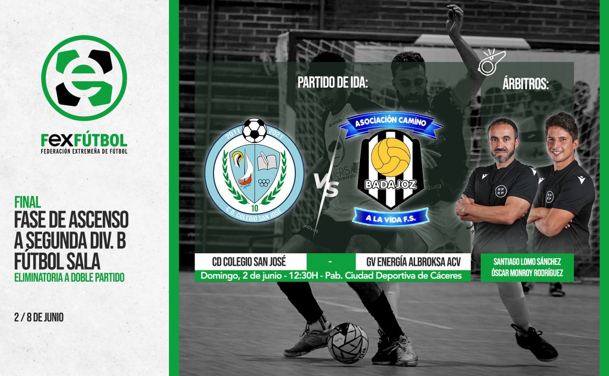 🥅 | #FútbolSala |

Fin de semana de intensas emociones en el fútbol sala extremeño con la ida de la 𝗙𝗜𝗡𝗔𝗟 𝗱𝗲𝗹 𝗣𝗹𝗮𝘆-𝗢𝗳𝗳 por el #ASCENSO a 2ª División B:

<a href="/CdcSanJoseFS/">CDC SAN JOSÉ FS</a>🆚 <a href="/AscVida/">Badajoz/GvEnergia/ACV⚽️</a> 
⌚Domingo, 12:30H

📺En directo gratis a través de <a href="/oficialextv/">extv</a> 

👍¡Mucha suerte a