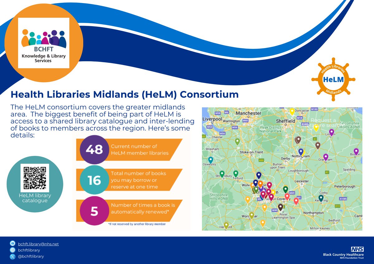 Did you know that @BCHFTLibrary is part of the HeLM consortium? The biggest benefit is a shared catalogue with 48 libraries and inter-lending of books to members. #Join us today! healthlibrariesmidlands.nhs.uk/join/