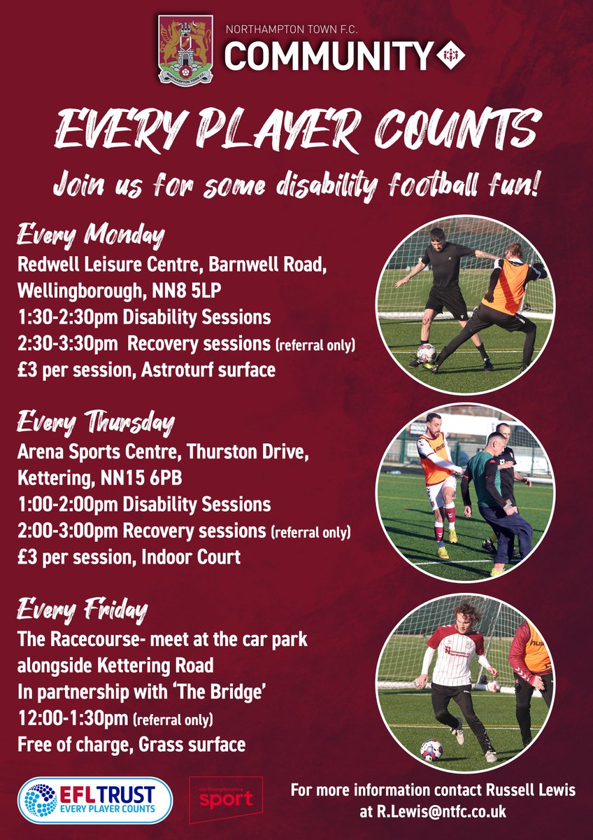 Our #EveryPlayerCounts sessions continue this Summer🙌 The programme aims to get more people with disabilities & those recovering involved in sport⚽️ Running in Wellingborough, Kettering & Northampton! Find out more & get involved👇 ntfccommunity.co.uk/every-player-c… @EFLTrust | @Nsport