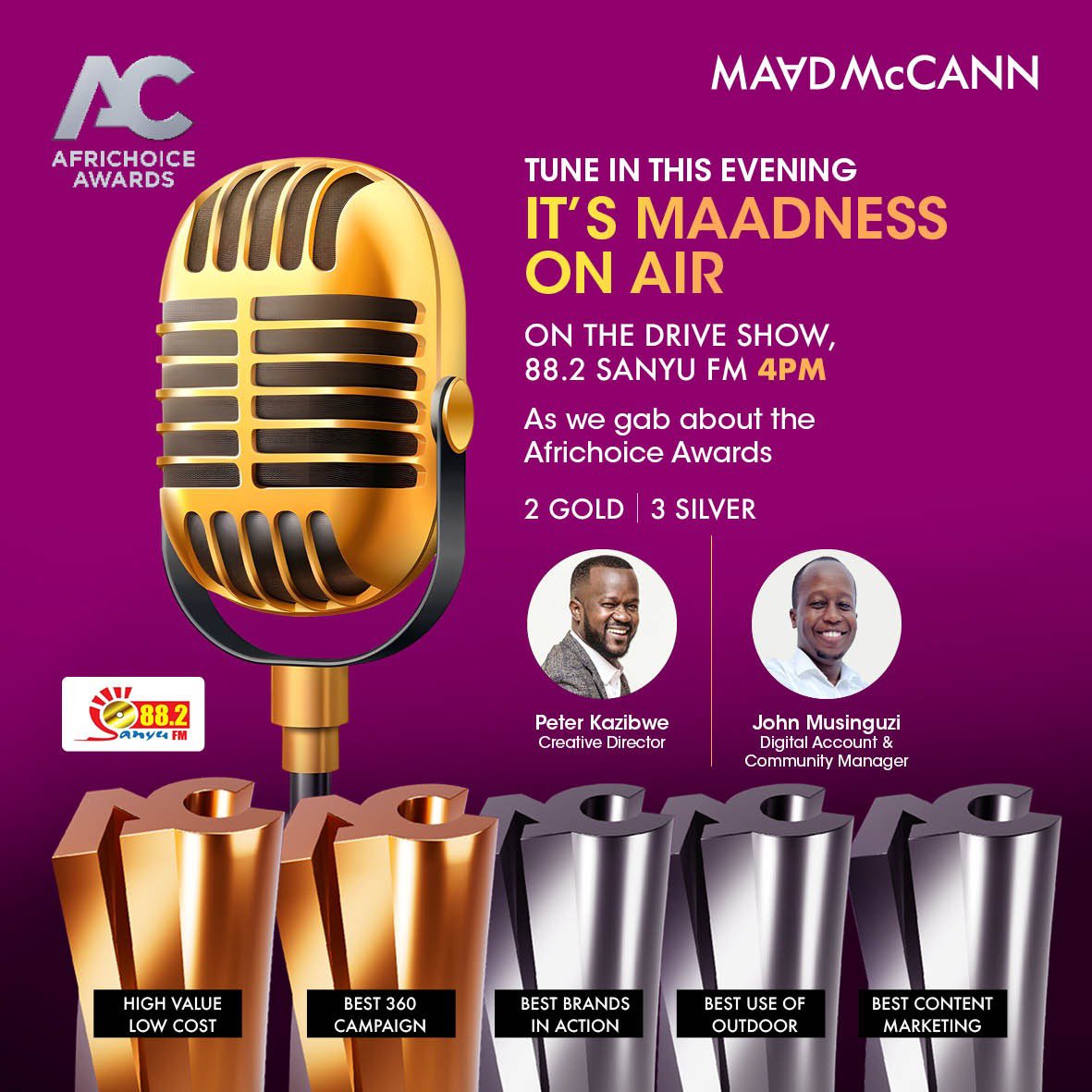 @PeterPistis and @johnatwoki will be on air this afternoon talking Maad & Africhoice Awards and you don’t want to miss it!✨🥳 Tune in to the drive show @882SanyuFM today at 4pm to listen in #GetMaad #TheMaadWay