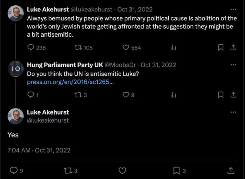 Why has @lukeakehurst deleted this tweet. Maybe a journalist should find out if he still thinks the United Nations is antisemitic. That’s a worrying conspiratorial sort of thing to believe for a person gifted a safe seat in a place he’s probably basically never visited.