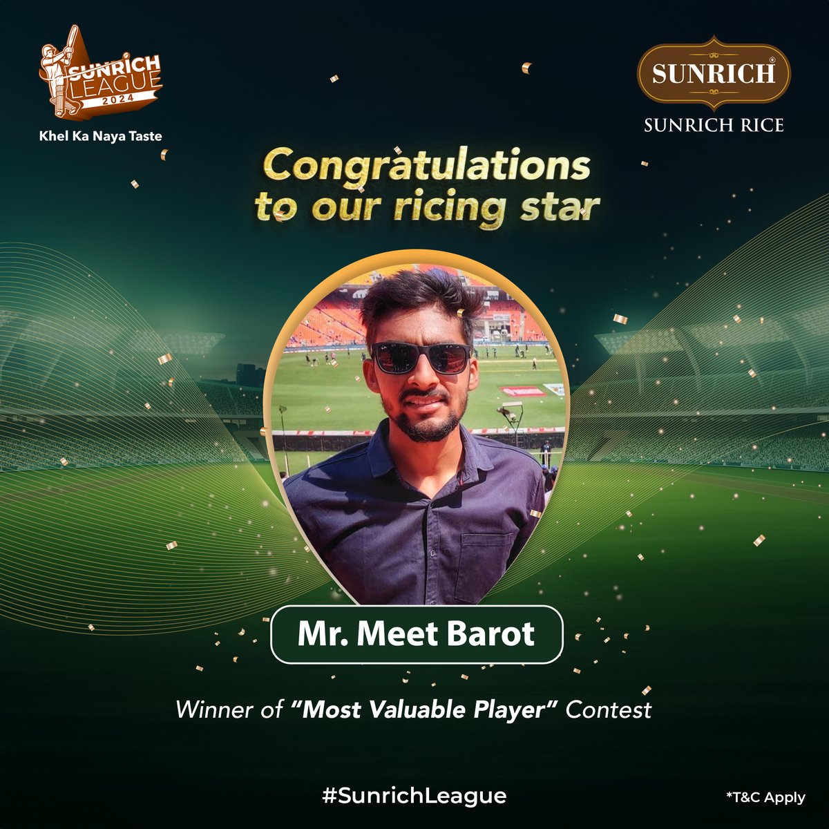 SunrichRice's tweet photo. 𝐂𝐨𝐧𝐠𝐫𝐚𝐭𝐮𝐥𝐚𝐭𝐢𝐨𝐧𝐬 𝐭𝐨 𝐨𝐮𝐫 𝐫𝐢𝐜𝐢𝐧𝐠 𝐬𝐭𝐚𝐫!

Meet Barot is the winner of the Most Valuable Player contest

Think you can be the next winner? Join the #SunrichLeague and show us what you've got.

#SunrichRice #RohitSharma #RO45 #PredictAndWin #Contest #Winner https://t.co/coEY0o9TiH