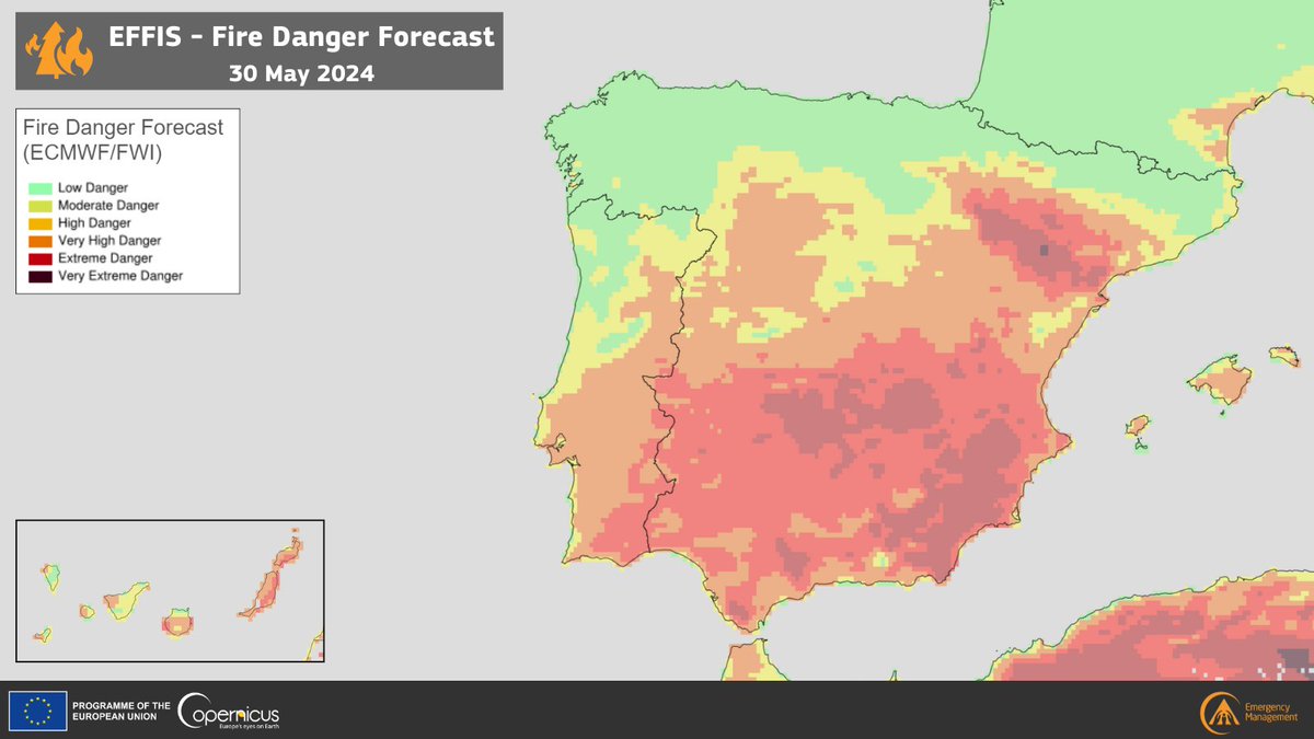 Today's #EFFIS Fire Danger Forecast shows varying levels of danger in most of the Iberian Peninsula 🔴'Extreme Danger' levels are present in areas of the #Andalucía, #Murcia, #Aragòn, & #CastillaLaMancha regions of #Spain 🇪🇸 More at👇 forest-fire.emergency.copernicus.eu/apps/effis_cur…