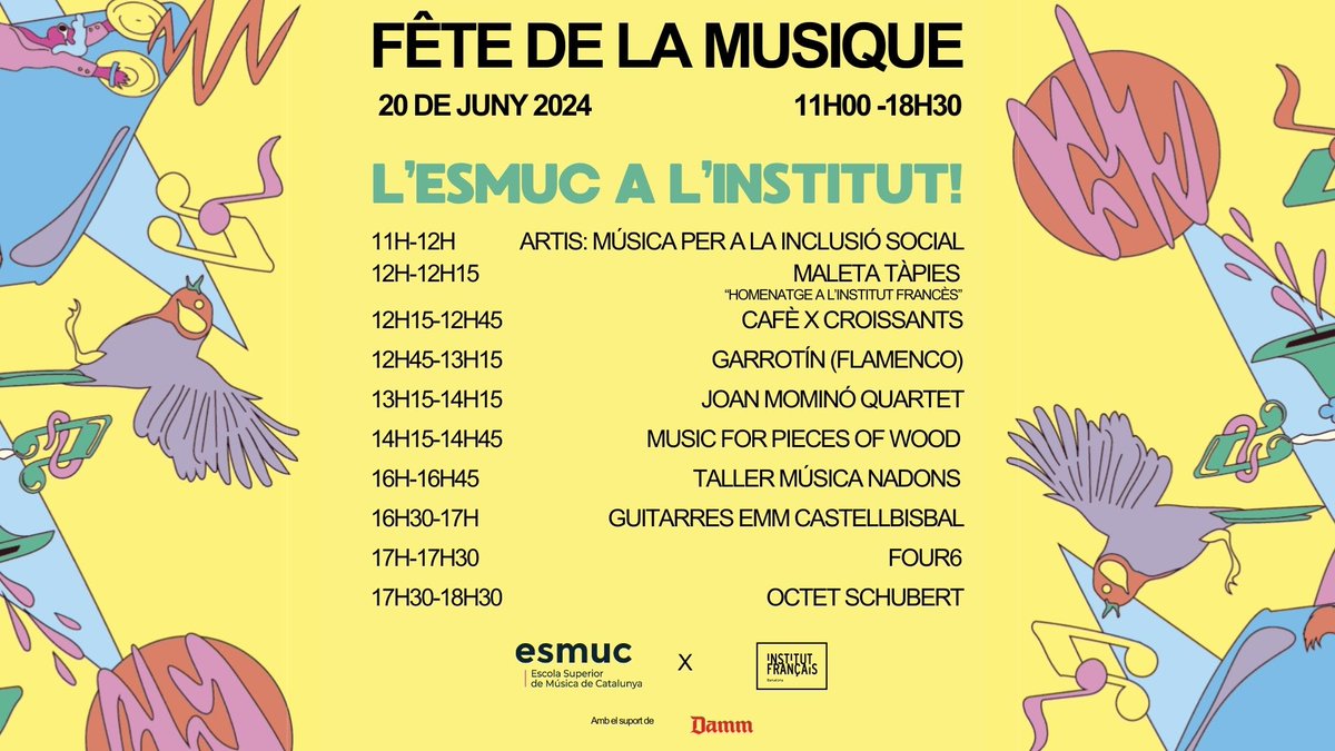 El proper 20 de juny, @IF_Barcelona i l'ESMUC celebrem la Fête de la Musique amb un munt d'activitats i concerts durant tot el dia! 🗓️ 20 de juny 🕐11.00 - 18:30 h 📍 Institut Français Consulta el programa: