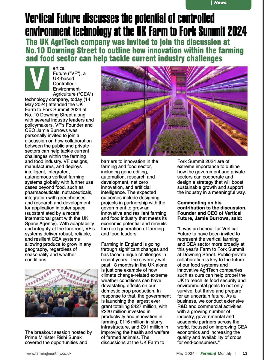 Vertical Future (@vertical_future) on Twitter photo Thank you <a href="/FarmingMonthly/">Farming Monthly</a> team for featuring us in the May edition of the magazine!
The story covers our Founder & CEO <a href="/JamieRBurrows/">Jamie Burrows</a>' visit to Downing Street for the Farm to Fork Summit, where they explored how CEA and other innovations can help tackle issues we face today😊 Thank you <a href="/FarmingMonthly/">Farming Monthly</a> team for featuring us in the May edition of the magazine!
The story covers our Founder & CEO <a href="/JamieRBurrows/">Jamie Burrows</a>' visit to Downing Street for the Farm to Fork Summit, where they explored how CEA and other innovations can help tackle issues we face today😊