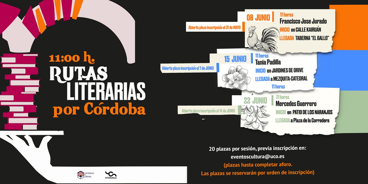 RUTAS LITERARIAS POR CÓRDOBA durante el mes de junio (días 8, 15 y 22 de junio). Requiere previa inscripción (20 plazas por sesión). Inicio a las 11 horas. Organiza @Univcordoba y @UCOCultura