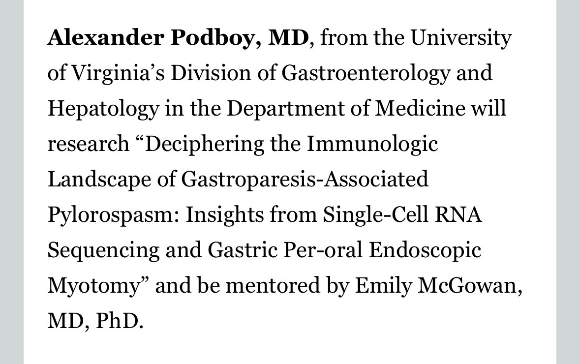Alexander Podboy, MD, DABOM (@alexanderpodboy) on Twitter photo Honored to receive the <a href="/UvaDOM/">UVA Department of Medicine</a> iTHRIVE KL2 career development award.
Excited to combine third space endoscopy with translational immunology to better understand gastroparesis.
Grateful to be mentored by Emily McGowan and <a href="/AndrewWangMD/">Andrew Wang, MD</a> Honored to receive the <a href="/UvaDOM/">UVA Department of Medicine</a> iTHRIVE KL2 career development award.
Excited to combine third space endoscopy with translational immunology to better understand gastroparesis.
Grateful to be mentored by Emily McGowan and <a href="/AndrewWangMD/">Andrew Wang, MD</a>
