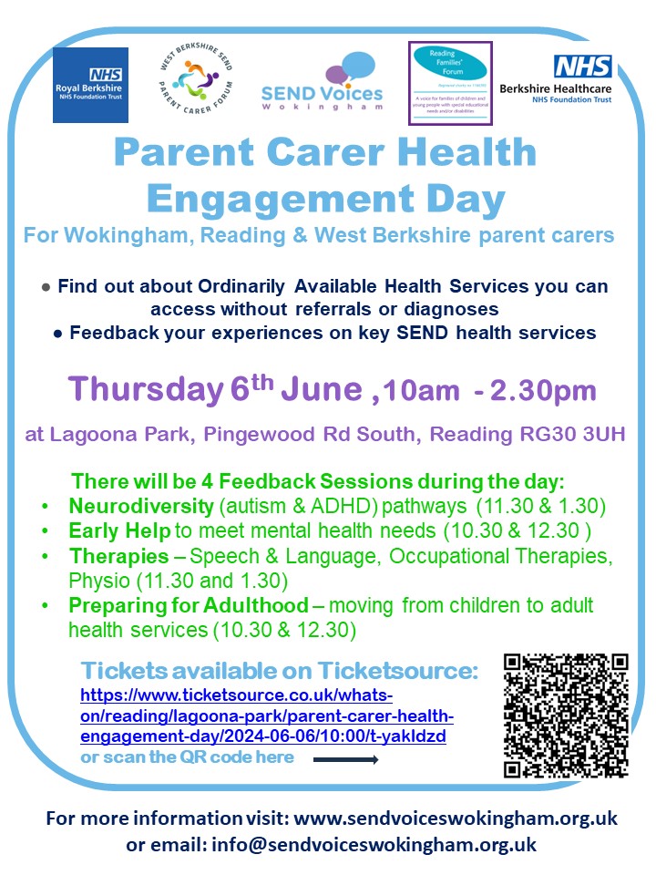 #Autism Berkshire is one of the organisations attending this free #SEND Parent Carer Health Engagement Day on Thursday next week, June 6, organised by the NHS in conjunction with parent carer forums for #Reading, #Wokingham and #WestBerkshire tinyurl.com/bp7ya2bd