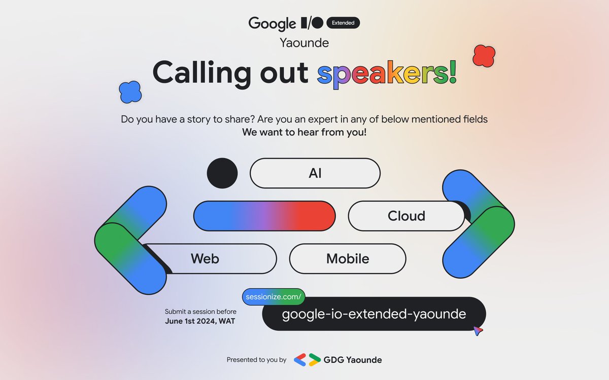 DERNIER RAPPEL ‼️‼️‼️

Nous attendons encore des speakers motivés souhaitant présenter lors du #IOExtended Yaoundé. 
Le delai est ce samedi.
Ne manquez pas cette opportunité et tentez votre chance !
Postulez ici 👉 sessionize.com/google-io-exte…

#GDGYaounde
#GoogleIO