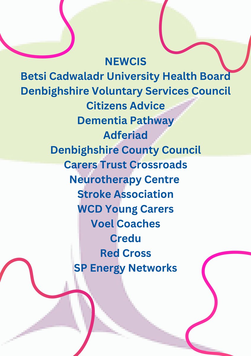 #CarersWeek Main Event 👇
<a href="/BetsiCadwaladr/">Betsi Cadwaladr</a>  @DVSC_Wales  <a href="/CitizensAdvice/">CitizensAdvice</a>
<a href="/dementiapathway/">Barbara</a>  <a href="/Adferiad_/">Adferiad</a>  <a href="/DenbighshireCC/">DenbighshireCC</a>
<a href="/CarersTrustCWW/">Carers Trust Crossroads West Wales</a>  <a href="/NTCentre/">Neuro Therapy Centre</a>  <a href="/TheStrokeAssoc/">Stroke Association</a>
<a href="/WcdYoung/">WCDYoungCarers</a>  @voelcoaches  <a href="/CreduCarers/">Credu Carers</a>  <a href="/BritishRedCross/">British Red Cross 🧡</a>  <a href="/SPEnergyNetwork/">SP Energy Networks</a>