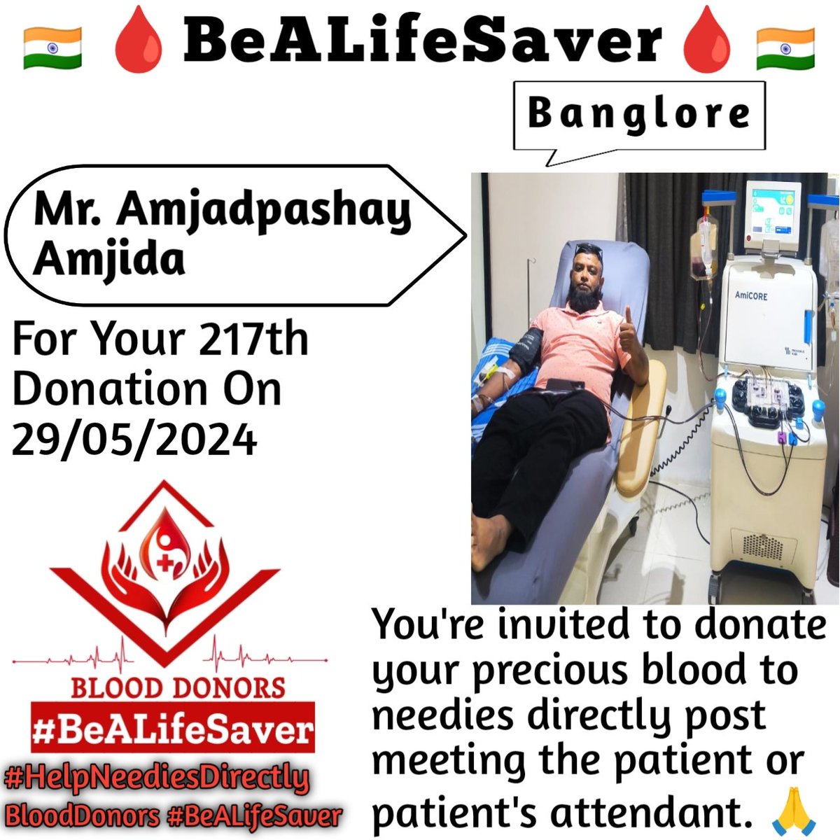 🙏 Congrats To Mr. Amjadpashay Amjida Ji For His 217th Blood Donation 🙏 #HelpNeediesDirectly #BeALifeSaver Today's hero, Mr. Amjadpashay Amjida Ji, donated blood in Banglore for the 217th time to help a patient in need. Heartfelt gratitude and respect for his selfless act.