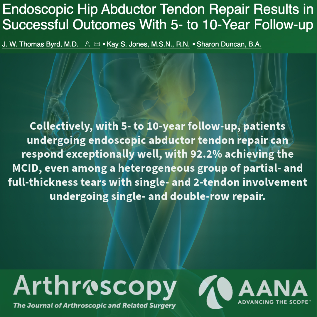 Endoscopic Hip Abductor Tendon Repair Results in Successful Outcomes With 5- to 10-Year Follow-up #hip #orthopedics #tendon ow.ly/MBzz50RQ6Wx