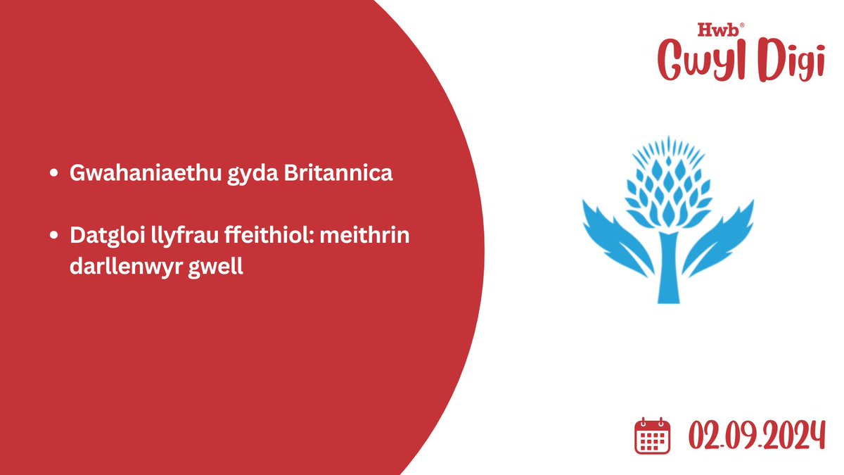 📚 Ymunwch â @Britannica_EMEA yn #HwbDigiFest i ddysgu am wahaniaethu a sut i gefnogi dilyniant darllen yn eich ystafell ddosbarth. Peidiwch â cholli'r sesiwn addysgiadol hon!

Cofrestrwch yma - hwb.gov.wales/adnoddau/gwyl-…