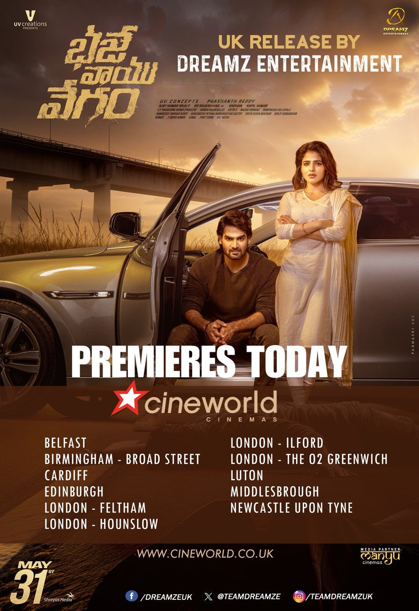 The licenced brand new car is ready to Race in theatres 💥 Here is #BhajeVaayuVegam UK PREMIERES @cineworld theaters list UK 🇬🇧 RELEASE BY @TeamDreamZE Grand Release Worldwide on May 31st 🎯 #BVVonMay31st ❤️‍🔥 @ActorKartikeya @Ishmenon @RAAHULTYSON @Dir_Prashant @ajayrajup