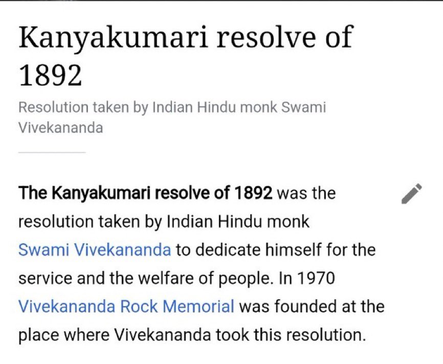 On 24 December 1892, Vivekananda reached Kanyakumari and meditated for three days on a large rock and took the resolution to dedicate his life to serve humanity. He had a 'vision of one India' and came up with a solution in the form of resolution, which is popularly known as the