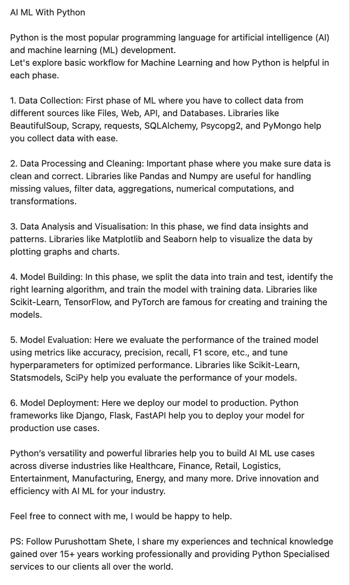 purushottamshet's tweet photo. AI ML With Python

#Python #AI #ML #BeautifulSoup #Scrapy #requests #SQLAlchemy #psycopg2 #PyMongo #Pandas #numpy #Matplotlib #Seaborn #ScikitLearn #TensorFlow #PyTorch #django #flask #fastapi https://t.co/Hux0Pq8itU