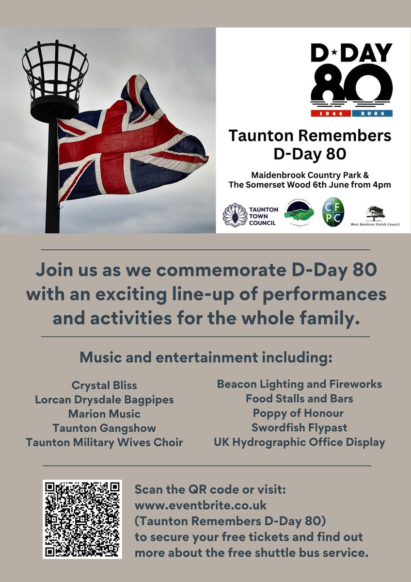 Taunton_TC's tweet image. Just one week until the #D-Day80 event. With food and drink stalls, D-Day related displays and a packed entertainment schedule there's plenty to do before the big finale with the lighting of the beacon and fireworks display. Book your free tickets here ow.ly/Arkg50RSJGb
