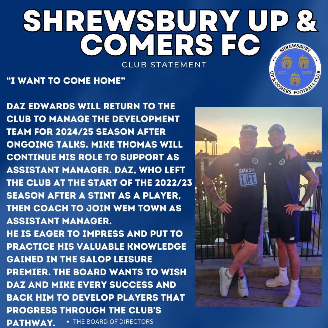 SUAC FC (@upncomersmensfc) on Twitter photo Development Team Update
We are delighted to confirm 🤝 <a href="/DazzleShrews/">Daz Edwards</a> will be returning to the club as manager of the Development Team and will be assisted by <a href="/m1kethomas350/">Mike Thomas</a>. #welcomehome #daz #💙 #alwaysablue #setupcomplete Development Team Update
We are delighted to confirm 🤝 <a href="/DazzleShrews/">Daz Edwards</a> will be returning to the club as manager of the Development Team and will be assisted by <a href="/m1kethomas350/">Mike Thomas</a>. #welcomehome #daz #💙 #alwaysablue #setupcomplete