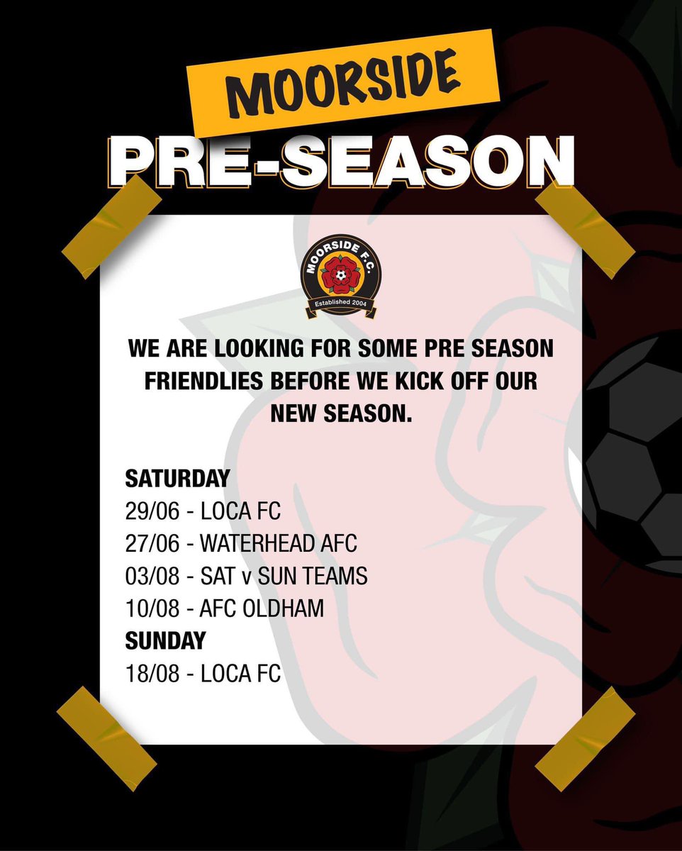 Saturday and Sunday teams looking for pre season friendlies ahead of the new season. Get in touch for details.
