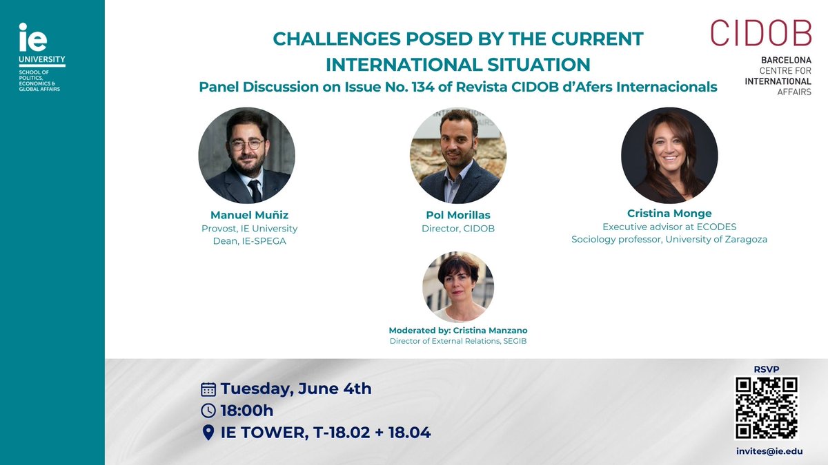 On June 4 CIDOB and @iespega organise a session on the #Afers134 issue “The international order: more geopolitical or more plural?”. @manuelmunizv, @tinamonge, @polmorillas and @ManzanoCr will analyse the current paradigm shift in international relations 🔗bit.ly/PanelDiscussio…