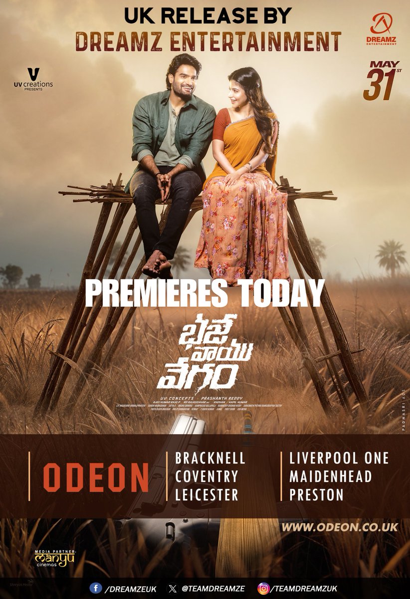 The licenced brand new car is ready to Race in theatres 💥 Here is #BhajeVaayuVegam UK PREMIERES @ODEONCinemas theaters list UK 🇬🇧 RELEASE BY @TeamDreamZE Grand Release Worldwide on May 31st 🎯 #BVVonMay31st ❤️‍🔥 @ActorKartikeya @Ishmenon @RAAHULTYSON @Dir_Prashant