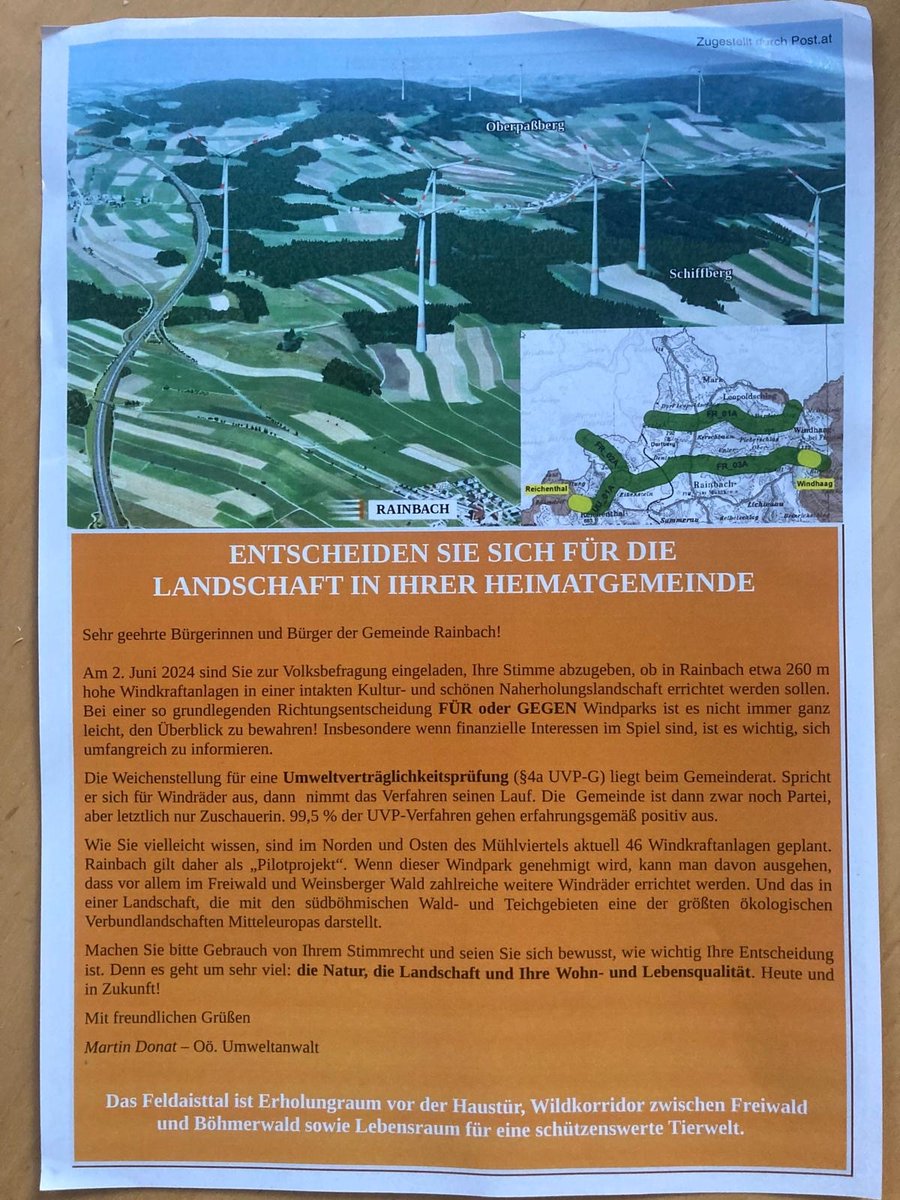 3 Tage vor der Volksbefragung in Rainbach (OÖ) sendet der Landesumweltanwalt eine 'Amtliche Mitteilung' per Postwurf an alle Haushalte der Gemeinde. Inhalt: einseitige Argumente gegen Windkraft und gegen das UVP-Verfahren an sich. Die Fakten zum Projekt: verbund.com/schiffberg