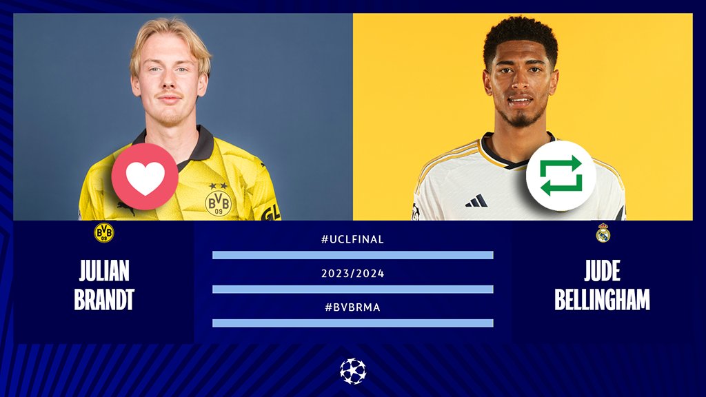 #UCLfinal Countdown! ⏳🤩⚽️ ❤️ = Julian #Brandt 🇩🇪 🔁 = @BellinghamJude 🏴󠁧󠁢󠁥󠁮󠁧󠁿 #UCL | #BVBRMA | @BVB | @realmadrid