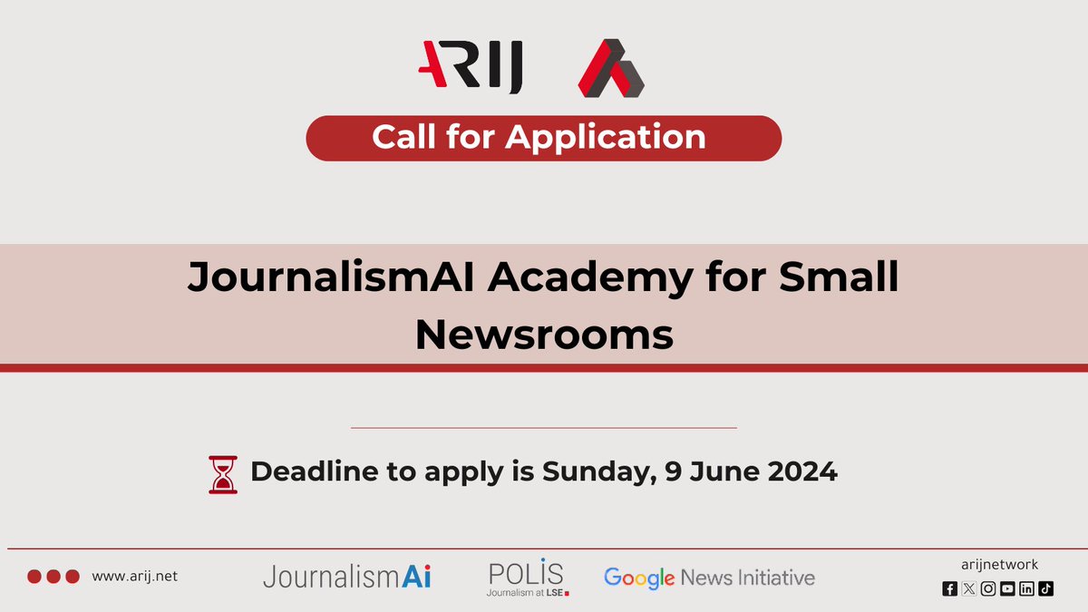 💡 An opportunity to compete for one of 20 spots in the #JournalismAI Academy for Small Arab Newsrooms. The program is designed by JournalismAI team in @PolisLSE, in partnership with ARIJ & powered by @GoogleNewsInit. For details and application journalismai.info/programmes/aca…