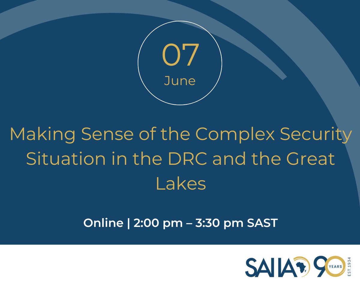 📢Join us for a virtual seminar with @wolterssteph to explore the current situation in eastern #DRC and the need for a long-term political solution. 📆 Friday, 7 June ⏰ 2pm - 3.30 pm SAST To register, visit this link 👇 saiia.org.za/event/making-s… #SADC #DRCongo #M23