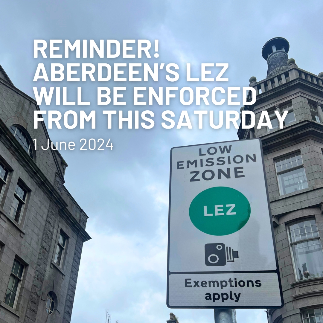 Reminder! Aberdeen’s LEZ will be enforced from Saturday
 
The aim is to improve air quality and create a healthier city for everyone, which means a small percentage of non-compliant vehicles will be subject to fines if they enter the LEZ. 
 
FInd out more: getabout.org.uk/lez