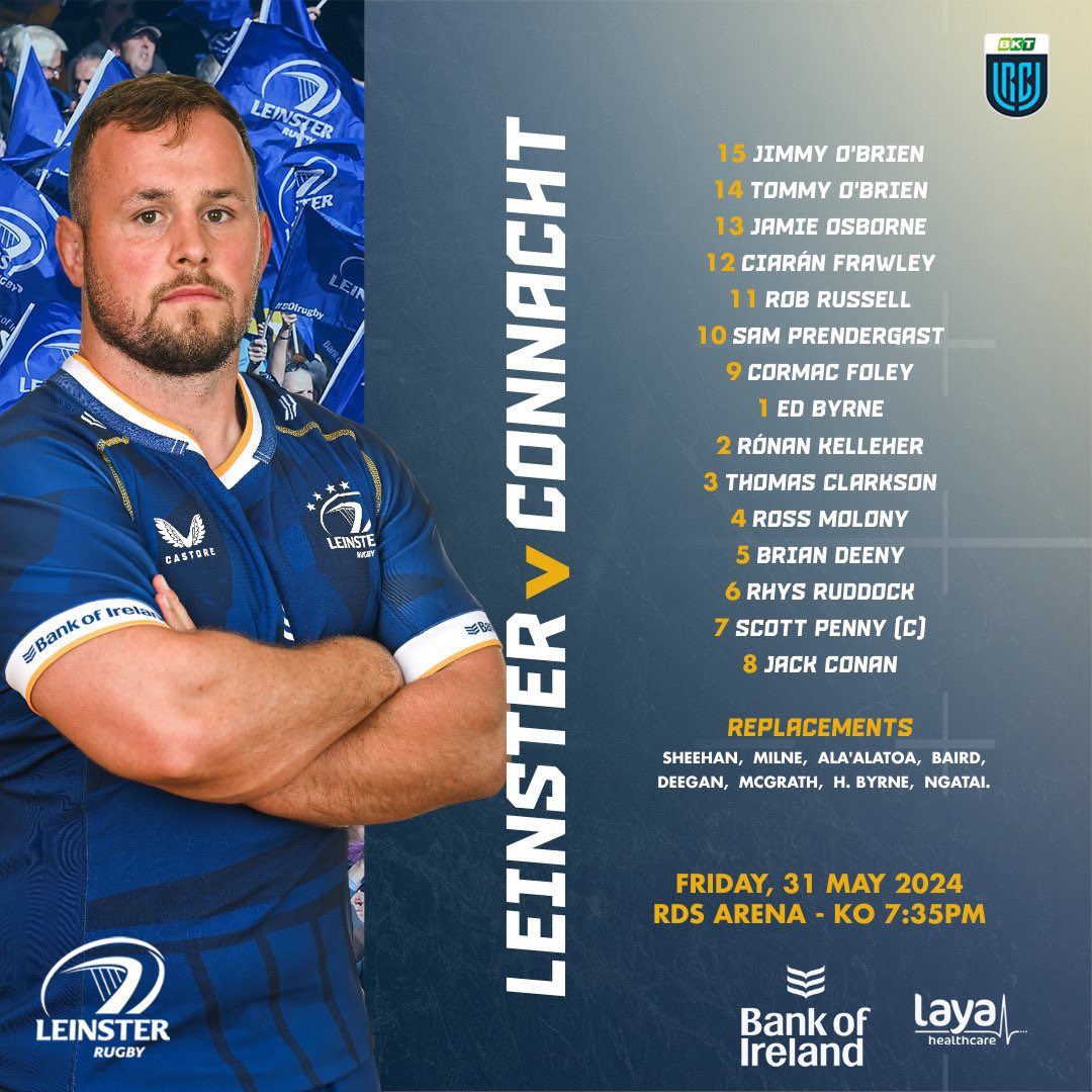 Ciarán Frawley will start for Leinster against Connacht tomorrow at inside centre.

Sam Prendergast is at 10.