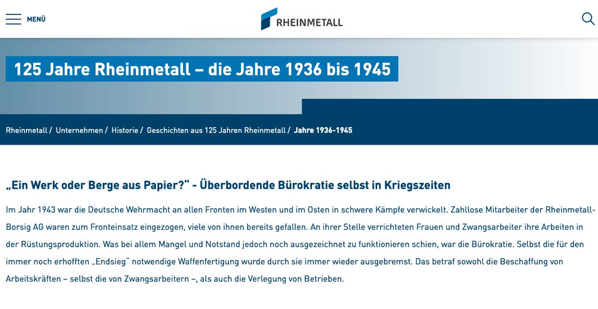 Meine Fresse: ein dt. Rüstungskonzern, der im Jahre 2024 in seiner offiziellen Firmenhistorie für die Jahre 1936-1945 darüber lamentiert, dass "überbordende Bürokratie" die Rüstungsproduktion für den Vernichtungskrieg der dt. Wehrmacht behindert habe... #Rheinmetall #BVB