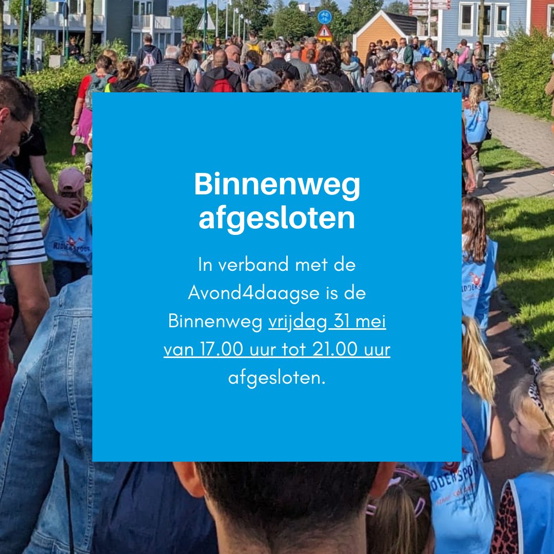 gemHouten's tweet photo. Let op, vrijdag 31 mei is de Binnenweg van 17.00 uur tot 21.00 uur afgesloten in verband met de Avond4daagse. 🥾 Ook is er verkeershinder in het centrum. Op diverse punten op de routes staan verkeersregelaars om wandelaars door te laten. https://t.co/4uzL0nHt05