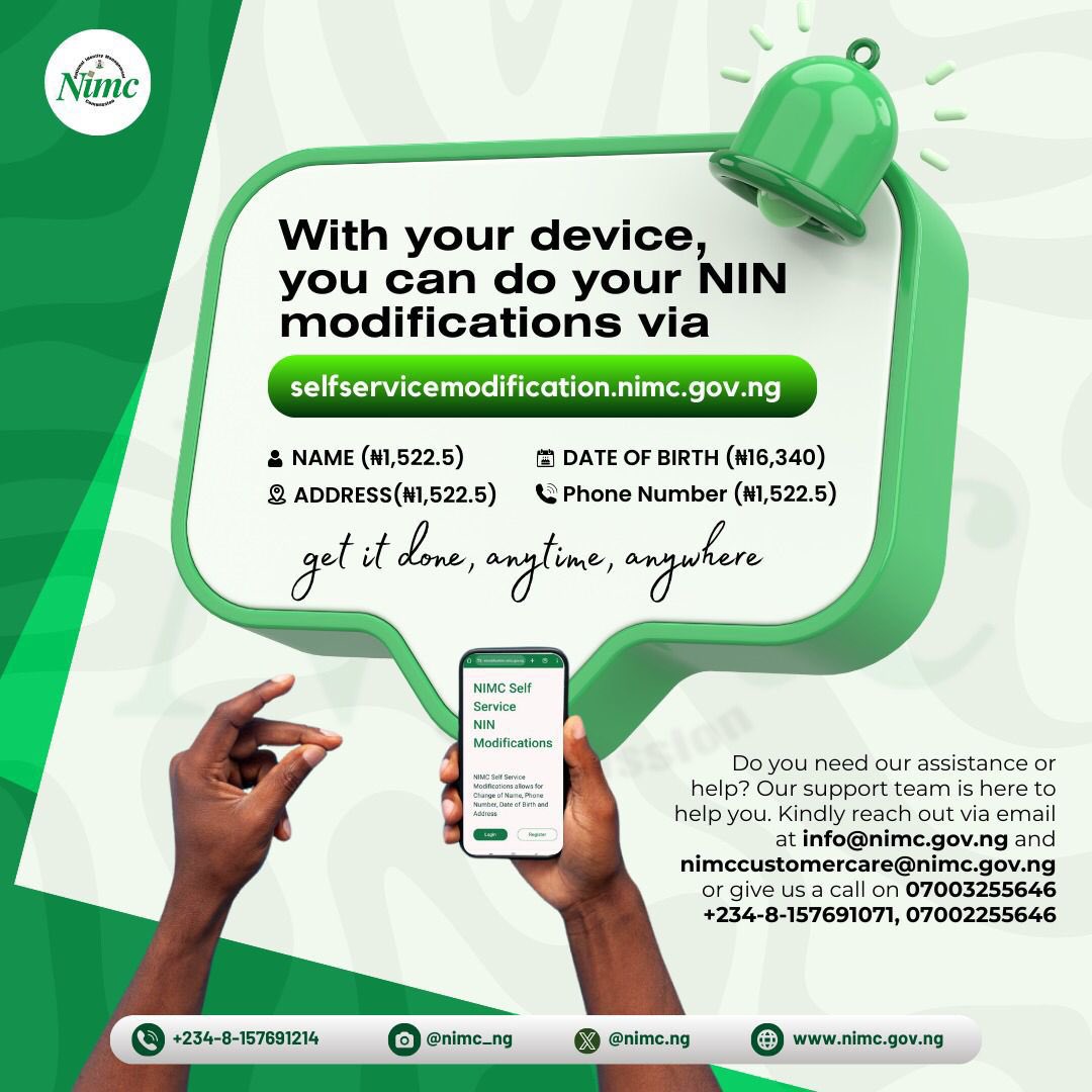 Bellkonekt's tweet image. The leadership of @EngrAbisoye, DG/CEO of @nimc_ng is really making the modification easy for Nigerians. You can now modify your NIN using your mobile device at the comfort of your home.
Visit this link: selfservicemodification.nimc.gov.ng to complete the #SelfServiceModification .