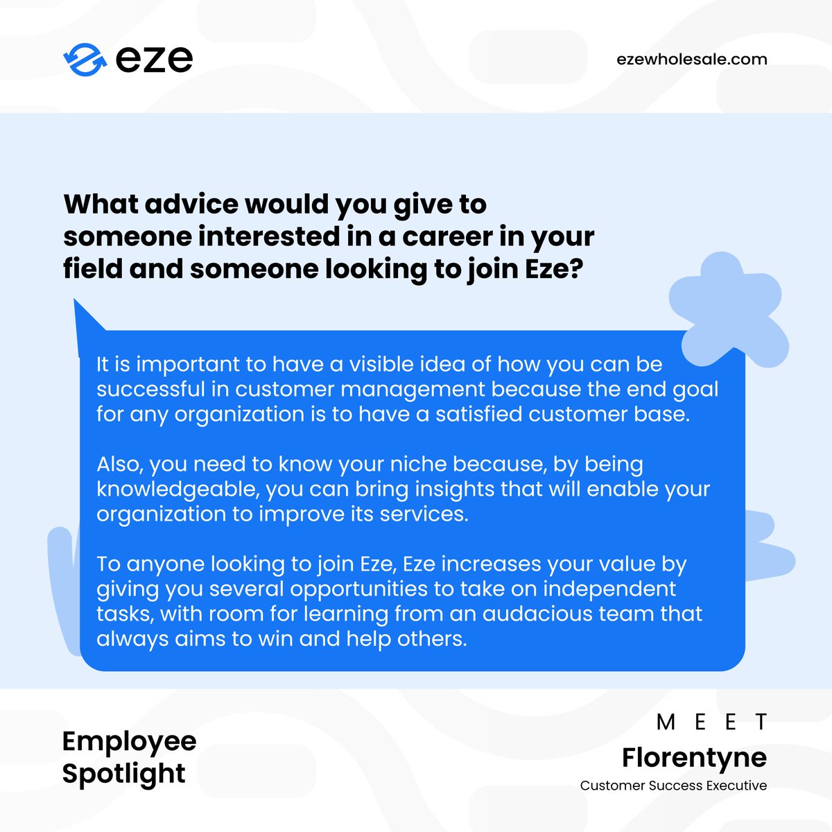 Meet Flo, the Eze Customer Success Superstar✨

Read up on what she’s been up to at Eze and why she loves being part of our team.

Since we are expanding, she also shares insights on what new team members can expect.

#LifeAtEze #CustomerSuccess #EmployeeSpotlight #RemoteWorker