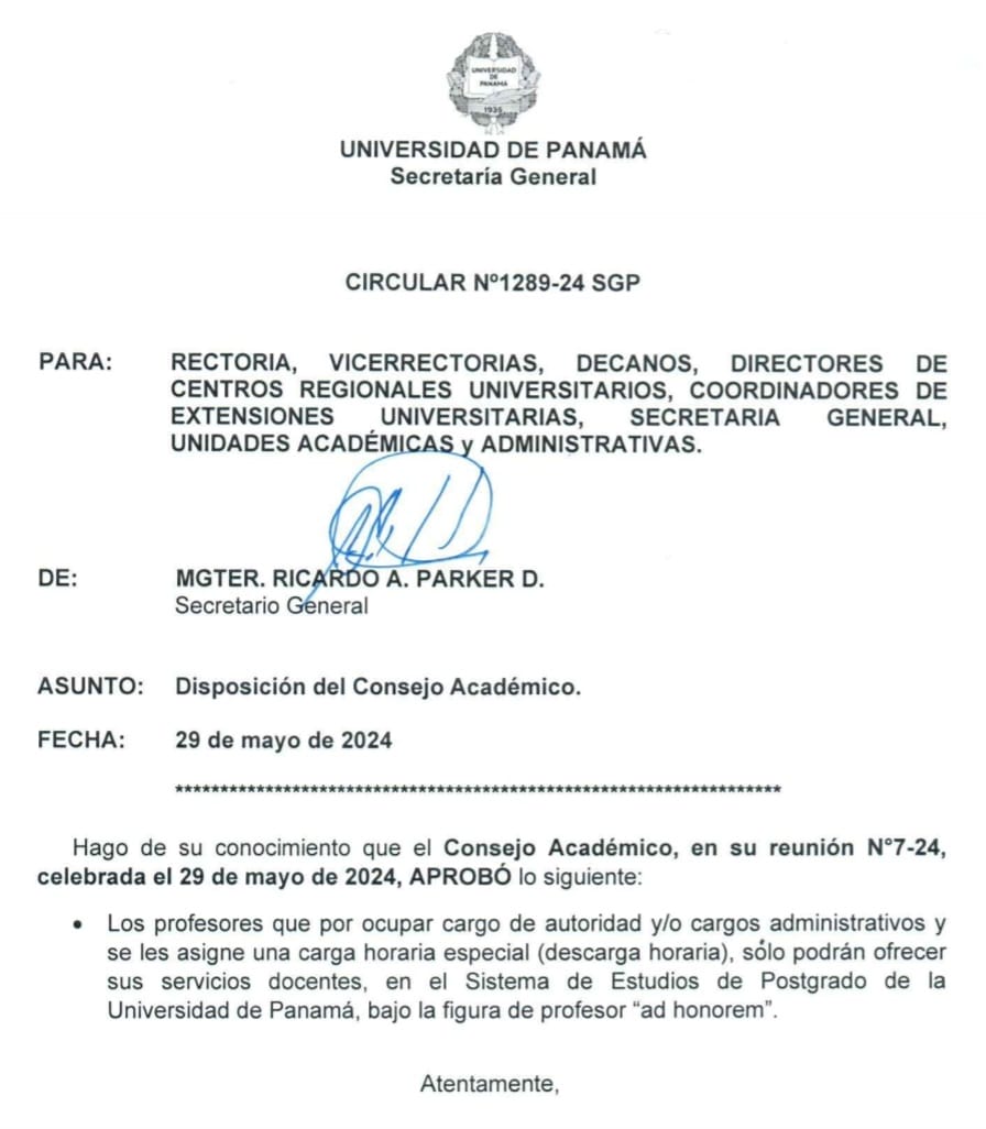 Por considerarlo de interés, hago pública la reglamentación aprobada en el día de ayer en el Consejo Académico de la Universidad de Panamá, donde se establece una norma para los profesores que tienen cargos de autoridad o profesores con cargos administrativos con descarga horaria