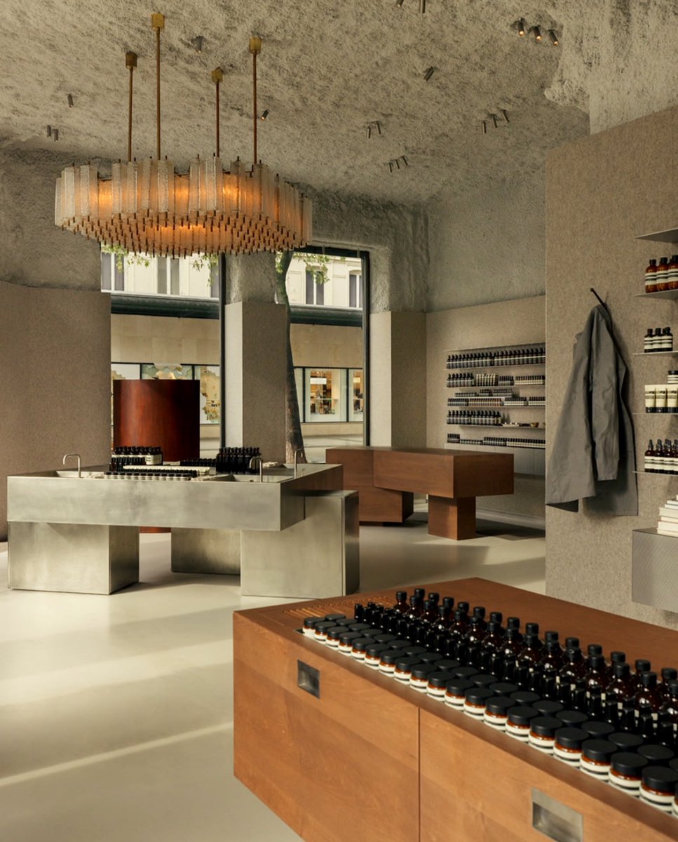 luusssso's tweet image. Skincare brand Aēsop absolutely owns interior design at their retail stores