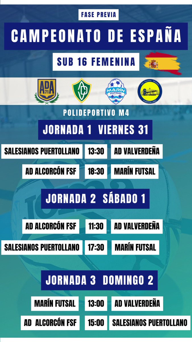 CAMPEONATO DE ESPAÑA 🇪🇸

Este fin de semana, Alevín y Cadete disputarán la fase previa del Campeonato de España, los días 31 de Mayo y 1 y 2 de Junio, en el Polideportivo M-4.

Mucha suerte, chicas💛

#CorazónAmarillo