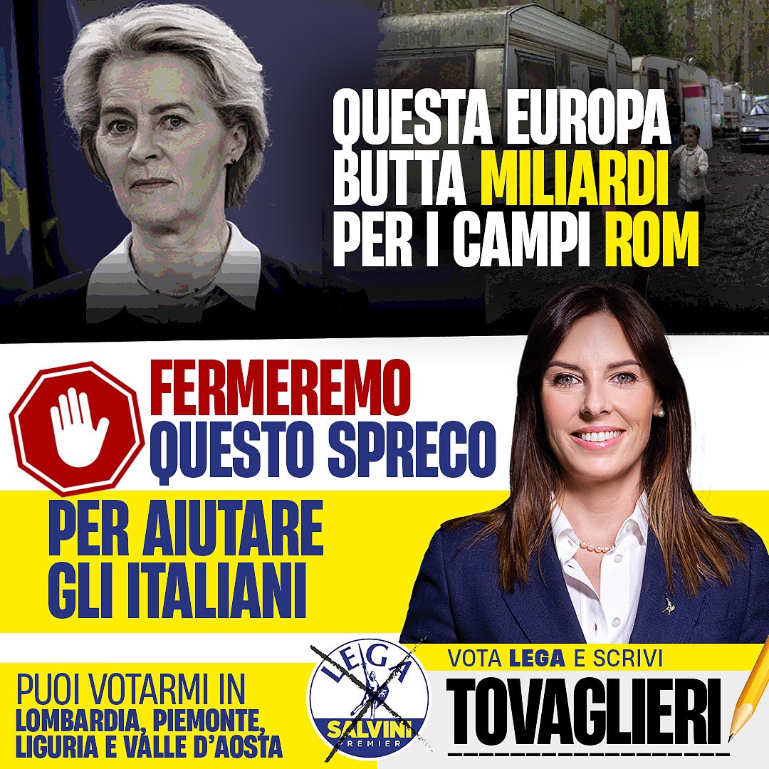 Basta con assurdi sprechi buonisti. 🔴 Aiutiamo le famiglie italiane con i 21 MILIARDI sprecati dalla sinistra in Europa utilizzati per l’integrazione delle comunità rom. VOTA LEGA e SCRIVI TOVAGLIERI! 𝑬𝒍𝒆𝒛𝒊𝒐𝒏𝒊 𝒆𝒖𝒓𝒐𝒑𝒆𝒆 8-9 giugno ✍🏼