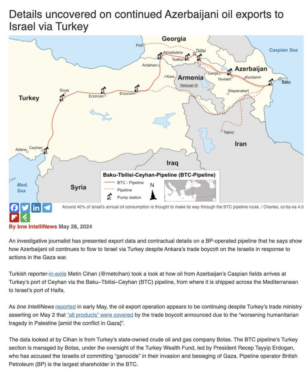 Turkey continues to shuttle Azeri oil to Israel despite its "trade ban."

40% of Israel's oil comes from AZ/Turkey.